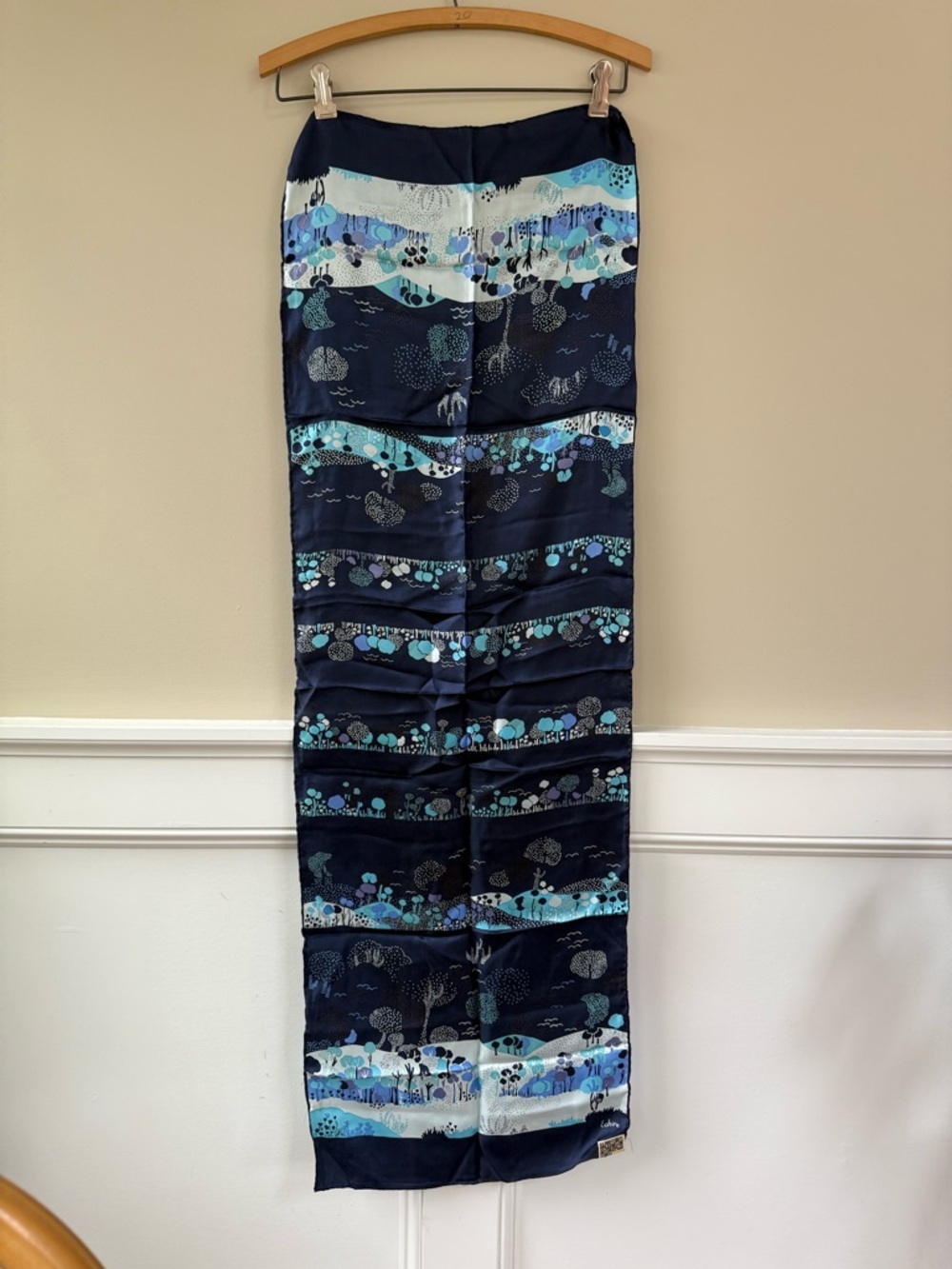 Vintage Echo Navy 100% Silk Scarf with woodland style Accents